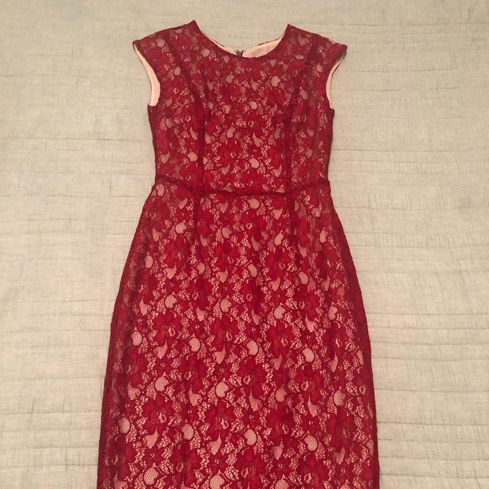 French connection Red lace and tan midi dress
